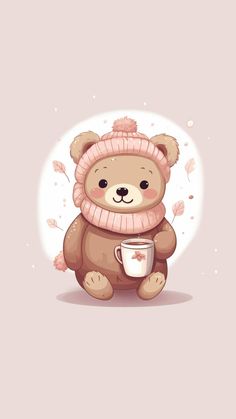 a brown teddy bear holding a coffee cup with leaves around it and wearing a pink knitted hat