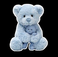 a blue teddy bear holding a baby doll on it's back, against a black background