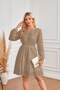 F00285183-704 Eyelet Embroidery, Wedding Look, Women Long Sleeve Dress, Costume Intero, Khaki Dress, Slim Dresses, Daily Dress, Cutout Dress, Tiered Dress