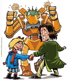 an image of two people shaking hands in front of a giant robot with its arms stretched out