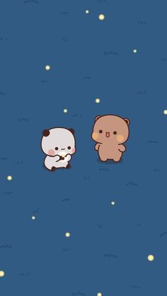 two cartoon bears are sitting on the ground in front of some stars and moondusts