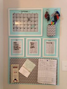 a bulletin board with pictures and magnets on it