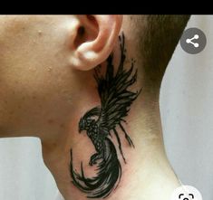 a man with a dragon tattoo on his neck and behind the ear is a black bird