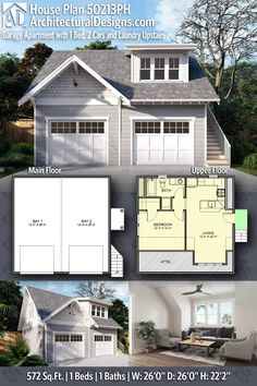 two story house plan with garage and living room in the middle, an open floor plan for