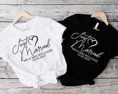 Celebrate your newlywed status with this personalized "Just Married" t-shirt, perfect for honeymoon adventures and wedding memories! Customize it with your names and wedding date to create a unique keepsake. 👰🤵 Whether you're enjoying your honeymoon or just love matching with your spouse, this tee is a must-have for newlyweds. Customizable with any name and date for a personal touch Soft, comfortable fabric perfect for honeymoon trips Available in various sizes for both men and women Ideal for matching couple outfits, honeymoon photos, or post-wedding wear A great wedding gift for newlywed couples 𝗛𝗢𝗪 𝗧𝗢 𝗢𝗥𝗗𝗘𝗥 𝟏. Please, Check and Review all Listing Photos. 𝟐. Select Your T-Shirt Size and T-Shirt Color from drop down menus. 𝟑. Choose Your Quantity as much as you want. 𝟒. Cl Customizable Short Sleeve Wedding Tops, Custom Text Short Sleeve Tops For Wedding, Customizable Short Sleeve Tops For Wedding, White Custom Text T-shirt For Weddings, White Custom Text Top For Wedding, Wedding T-shirt With Custom Print And Short Sleeves, Custom Print Short Sleeve T-shirt For Wedding, Couple Life, Wedding Gifts For Newlyweds