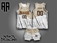 a basketball uniform with the number 00 on it and shorts, all printed in gold