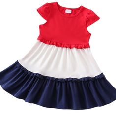 This Beautiful Tiered Dress Is A Classic! With A Red Bodice Layering White And Blue, It's Perfect For Any American Celebration. Fits True To Size, But May Be Worn For Many Years As It Turns Into A Tunic. Promoter Outfit, Playful Fitted Red Dress, Red Ruffled Dresses For Playtime, Red Summer Dress For Playtime, Red Summer Playtime Dress, Red Cotton Dress For Playtime, Red Short Sleeve Dress For Playtime, Red Sleeveless Dress For Playtime, Casual Red Short Sleeve Dresses