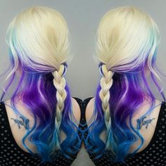 blonde purple and blue hair color Blue Hair And Blonde, Mermaid Hairstyles, Purple And Blue Hair, Blonde Hair Makeup, Blond Ombre, Dyed Hair Pastel, Blue Tips, Colored Curly Hair, Awesome Hair