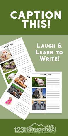 a book cover with pictures of animals and words that read, caption this laugh & learn to write