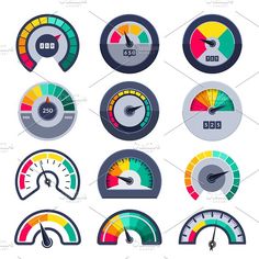 various speedometers and gauges for different vehicles, including one with an arrow