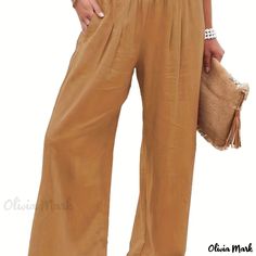 Olivia Mark - Solid Elastic Long Length Loose Pants, Vacation Casual Wide Leg Pants For Spring & Summer, Women's Clothing Safari Chic, Casual Wide Leg Pants, Wide Leg Linen Pants, Pantalon Large, Loose Pants, Women Pants Casual, Wide Waistband, Look Chic, Linen Pants