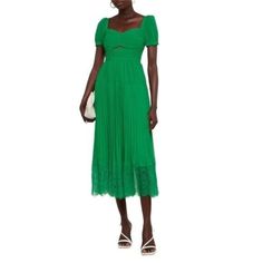 This Self Portrait Midi Dress Radiates Flawless Femininity With Its Sweetheart Neckline, Slightly Puffed Sleeves, And Ruched Bodice. It’s Shaped From Pleated Chiffon With A Delicate Lace Trim And Cutout Detail At The Bust. This Pleated Midi Dress Is Cut From Swathes Of Chiffon And Has A Cutout At The Ruched Bodice. The Swishy Skirt Is Trimmed With The Brand's Signature Corded Lace. Self Portrait Dress, Chiffon Midi Dress, Pleated Chiffon, Corded Lace, Ruched Bodice, Pleated Midi Dress, Puffed Sleeves, Self Portrait, Sweetheart Neckline