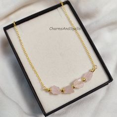 Natural Rough Rose Quartz Necklace, Gold Plated Necklace, October Birthstone Necklace, Beaded Necklace, Healing Crystal,Valentine Day Gift Handmade Jewelry Gemstone- Natural Rose Quartz Color- Pink Style- Electroplated Plating- Gold  Theme- Love And Friendship Birth Month- October Chain Length- 18 Inches with 2 Inches Extension link chain Contact Us If You Have Any Query, Feel free for Catalogue, Samples & Bulk Price list. We do Deal In Bulk Quantity. Contact Us In Message For Bulk Order And Get Pink Beaded Necklace With Adjustable Chain As Gift, Beaded Rose Quartz Necklace As Gift, Adjustable Rose Quartz Beaded Necklace As Gift, Beaded Rose Quartz Necklace For Gift, Adjustable Rose Quartz Beaded Necklace For Gift, Rose Quartz Beaded Necklaces With Gemstone For Gift, Rose Quartz Beaded Necklace For Gift, Adjustable Rose Gold Beaded Necklace For Gift, Adjustable Pink Birthstone Necklace