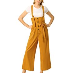 Show your casual laid-back vibes in this cute straight-fit overall jumpsuit. This woven overall jumpsuit features a low square neckline, shoulder straps, a partial button-front placket, a removable self-tie at the waist, a wide leg, and a relaxed silhouette. Soft fabric makes this overall jumpsuit comfortable to wear. It makes you beautiful with fashion and classic design and makes you stand out in the crowd. This loose-fit overall jumpsuit suit is for most ladies, you can pair it with a T-shirt Fancy Overalls, Jumpsuit Suit, Casual Summer Rompers, Luau Shirts, Long Overalls, Mesh Romper, Overalls Casual, Slim Jumpsuit, Yellow Jumpsuit