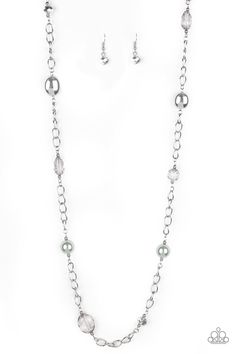 A collection of crystal-like, shiny silver, and pearly silver beads trickle down a shimmery silver chain for a refined flair. Features an adjustable clasp closure.

 Sold as one individual necklace. Includes one pair of matching earrings. Long Silver Necklace, Paparazzi Accessories, White Rhinestone, Pink Beads, Silver Bars, Paparazzi Jewelry, Leaf Pendant, Shiny Silver, Pink Crystal