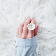 a person's hand holding a white flower on top of a fur covered surface