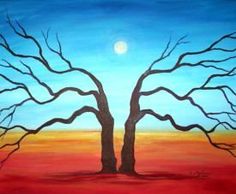 an acrylic painting of two bare trees on a red, blue and yellow background