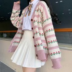 Harajuku Kawaii Cardigan Flower Knitting Long Sleeve Sweater Coat MK15413 - KawaiiMoriStore Kawaii Cardigan, Flower Knitting, Kawaii Fashion Outfits, Kawaii Clothes, Kawaii Fashion, Clothing Ideas, Cute Fashion, Aesthetic Clothes, Pretty Outfits