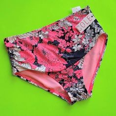 High-Waisted, Retro Style Bikini Swimsuit Bottoms By Cole Of California. On-Trend Coral-Pink & White Tropical Floral On Black Base. By Cole Of California Size M Nwt Pink Stretch Summer Tankini, Pink Stretch Tankini For Summer, Pink Stretch Tankini For Beach Season, Pink Pool Brief Bottoms, Pink Brief Bottoms For Pool, High Waist Pink Tankini For Pool, Pink Fitted High Waist Tankini, Pink Stretch Summer Swimwear, Pink High Waist Tankini For Beachwear