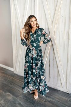 Melanee Pine Floral Wrap Dress - DM Exclusive comfy dresses, classy dresses, maxi dresses, party dresses, casual looks, 2020 spring fashion, easy throw on clothing, modest dresses, dresses to throw on, casual dresses, flirty dresses, embroidery dresses, flowy dresses, cute dresses, dresses 2020 spring 2020 dresses, beach dresses, fancy dresses, summer 2020 dresses Green Long Sleeve Maxi Dress For Maternity, Long Sleeve Floral Print Maternity Dress, Long Sleeve Green Maxi Dress For Maternity, Green Maxi Maternity Dress For Spring, Green Maxi Maternity Dress, Green Maxi Dress For Maternity, Modest Green Maxi Length Dress, Non-stretch Long Sleeve Maternity Dress, Maternity Long Sleeve Floral Print Dress