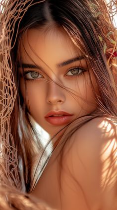 A captivating close-up reveals the striking beauty of a woman with piercing light green eyes and long, dark hair. A brown mesh veil adds an air of mystery and intrigue to her captivating gaze. Striking Beauty, Dark Hair, Green Eyes, Light Green, Close Up, Mesh, Green, Hair