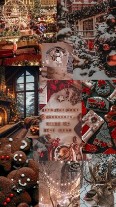 christmas collage with many different pictures and words on it's side, including an image