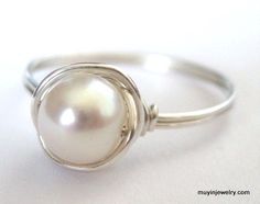 FINGER CANDY wire wrapped pearl ring - choose from 22 colors Elegant Handmade Adjustable Pearl Ring, Elegant Wire Wrapped Pearl Ring For Wedding, Wire Wrapped Pearl Wedding Ring, Elegant White Wire Wrapped Pearl Ring, Adjustable Wire Wrapped Pearl Ring Gift, Pea Pod Necklace, Freshwater Pearl Ring, Labradorite Ring, Wrap Rings