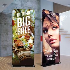 two roll up banners with the words autumn big sale on them and an image of a woman's face