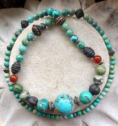 Old Chinese Natural Blue Green Turquoise Carnelian Tribal Silver Vintage Necklace Spiritual Turquoise Necklace With Patina, Spiritual Turquoise Patina Necklace, Vintage Turquoise Necklace With Round Natural Stones, Vintage Turquoise Necklace With Round Beads, Bohemian Blue Turquoise Chrysocolla Necklace, Bohemian Turquoise Chrysoprase Necklace, One-of-a-kind Blue Turquoise Spiritual Necklace, Bohemian Chrysocolla Round Bead Necklace, Bohemian Hand-strung Chrysocolla Necklace