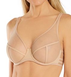 See-through cup bra features supportive fabrics to shape and support you for an ideal look. Multipart underwire cup is unlined (unpadded), sheer, non-stretch mesh with a fine texture. Taping along the angled and vertical outer seams. Apex neckline has soft non-stretch binding. Exposed elastic binding along bottom front has a soft feel and keeps fit close to you. Center - opaque arched panel. Front sides are sheer mesh with two bands of elastic sewn onto outside, with microfiber at back and elast Cup Bra, Keep Fit, Bra Cups, Underwire Bra, Leotards, Off The Shoulder, Elastic, Bra, Skin