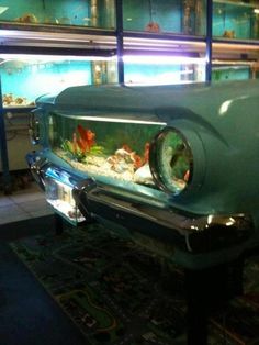 an old green car with fish in it's tank sitting on top of a rug