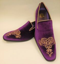 Mens stylish slip on formal dress loafers, shoes.  Fancy high-end velvet with gold emperor embroidery and gold piping. Made of quality man-made materials, lightly cushioned signature insole, hard sole.   Newly designed by After Midnight style number 6823. Brand new in box. Brides Mate, Gold Embroidered Dress, Purple Emperor, Gold Loafers, Men Dress Shoes, Shoes Purple, African Lace Dresses, Dress Loafers, After Midnight