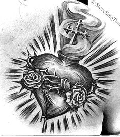 a cross and heart tattoo on the back of a woman's shoulder with roses