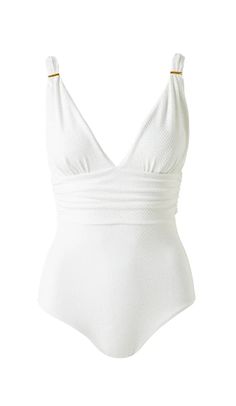 Description Showcase sun-kissed skin with the Panarea Swimsuit in crisp white. Crafted from premium Italian swimwear fabric, it boasts a luxe textured finish with added SPF 50+ protection. Understated, yet glamorous, this silhouette enhancing shape boasts a ‘V’ neckline with ruching at the bust. Designed to support larger busts, it features removable pads and adjustable straps. A ruched panel defines the waist, while signature gold slider trims add a decorative, shimmering finish. Details Over T Italian Swimwear, Elegant Swimsuit, Swimsuit Coverups, Swimwear Fabric, White Drapes, Melissa Odabash, White C, White Swimsuit, Beach Swimwear