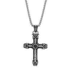 A black agate completes our dazzling cross pendant necklace with style. Metal: Two-tone stainless steelStone: Black agateClosure: Lobster claspDimensions: 22" bead chainPendant size: 38x30mmJewelry photos are enlarged to show detail. Elegant Black Pendant Cross Necklace, Elegant Black Cross Pendant Necklace, Elegant Black Crucifix Jewelry, Elegant Black Crucifix Cross Necklace, Spiritual Black Cross Pendant Necklace, Black Stainless Steel Necklace With Cross Pendant, Black Spiritual Cross Pendant Necklace, Black Spiritual Cross Pendant Jewelry, Black Stainless Steel Cross Pendant Necklace