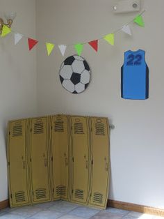 a soccer themed room with lockers and decorations