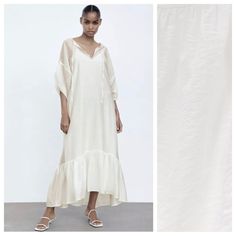 Nwt. Zara Oyster White Semi Sheer Tunic/Midi Dress With Round Collar, Tied V-Neckline, Short Sleeves With Elastic Ruching, Tonal Matching Inner Lining And Side Slits. Size S. Ref. 4688/101. Pit To Pit 23" Flat, Shoulders 23", Sleeves 8", Waist 24", Length 53". 1073. Summer Cream Maxi Dress For Daywear, Cream Maxi Dress For Summer Daywear, Summer Daywear Off White Dress, Off White Summer Dress For Daywear, Flowy White Midi Dress By Zara, Flowy White Zara Dress, Zara Cream V-neck Dress, White Zara Maxi Dress For Summer, White Flowy Zara Dress