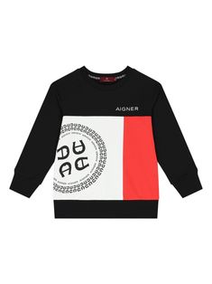 black/multicolour stretch-cotton logo print to the front colour-block design round neck long sleeves ribbed cuffs and hem straight hem Dress With Jean Jacket, Baby Boy Accessories, Dolce And Gabbana Kids, Kids Jordans, Boys Accessories, Boys Hoodies, Stella Mccartney Kids, Block Design, Cotton Logo