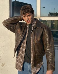 Tan Leather Jacket Men, Guys Layered Outfit, Mens Brown Leather Jacket Outfit, Leather Jacket Mens Outfit, Leather Jacket Outfit Men Aesthetic, Male Leather Jacket, Brown Jacket Outfit