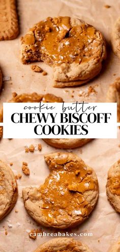 cookies with peanut butter on top and the words cookie butter chewy biscuit cookies