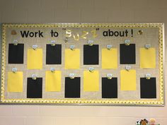 a bulletin board with sticky notes attached to it and the words work to do about