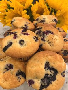 blueberry muffins on a cooling rack next to a sunflower