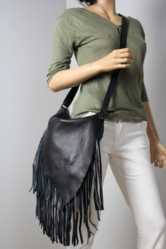 Western Fringe hobo bag - black leather bohemian  bag, Western shoulder bag, Bohemian Women bag, Western fringe purse This crossbody bag is the perfect size to carry your daily essentials in style!  It is made from high quality leather. This leather bag is a perfect everyday bag! There is a lot of space and you can put there everything in your everyday life. * Top zipper closure * Outer slip pocket on the back * Includes internal pocket for mobile phone and other small items. Important note: The Trendy Fringe Crossbody Bag, Black Fringe Shoulder Bag For Daily Use, Boho Leather Purse, Chic Black Fringe Bag, Chic Fringe Crossbody Shoulder Bag, Unique Leather Bag, Black Fringe Crossbody Bag, Boho Leather Bags, Raw Leather