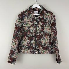 Urban Outfitters Botanical Floral Pattern Tapestry Full Zip Jacket - Multi Color Brown, Green, Pink And Blue Pattern Fabric - Slip Pockets At Waist And Flap Pockets At Chest - Moto Style Women's Size Large Brand New With Tags! Approximate Measurements: - Bust 21" Across - Length 22.5" - Sleeve Length 24" Spring Floral Print Patterned Outerwear, Fitted Printed Outerwear For Fall, Fall Floral Print Outerwear For Work, Floral Print Outerwear For Fall Workwear, Blue Pattern Fabric, Urban Outfitters Jacket, Moto Style, Pattern Fabric, Zip Jacket