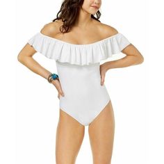 Raisins Barbados One-Piece Swimsuit Color: White Size: Large Solid Pattern Strapless Off-Shoulder Design Flounced/Ruffled Accents Cheeky Coverage Style Hand Wash Only White Ruffled One-piece Swimsuit, Off-shoulder Lined Swimwear For Summer, White Off-shoulder Swimwear For Spring, White Off-shoulder Swimwear For Beachwear, White Ruffled One-piece For Beach Season, Off-shoulder Swimwear For Swimming, White Off-shoulder Fitted Swimwear, White Fitted Off-shoulder Swimwear, Fitted Off-shoulder White Swimwear