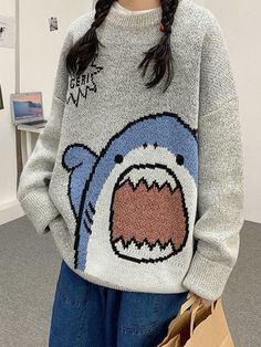 Cute Shark Kawaii Retro Loose Sweater Male Sweaters, Men Cartoon, Cartoon Shark, Couples Sweaters, Autumn Sweater, Shark Print, Casual Knitwear, Look Plus Size, Sweater Oversize