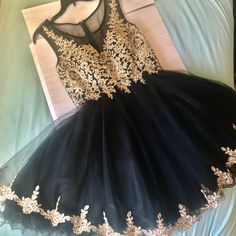 Black Dress With Gold Embroidered Onto It Brand New Never Used! Perfect For Photoshoot/Prom/Parties Etc! Size-Medium Gold Dama Dresses, Black Gold Dress, Damas Dresses, Child Dress, Dama Dresses, Gold And Black Dress, Picnic Dress, Prom Party, Quinceanera Dresses