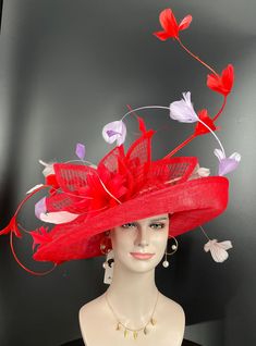 "This is the Custom design hat sample, the colors decorations according to your own requirements, please show me your dress and let's discuss the colors together, we will talk about the base hat color, the 6 pcs curly quills feather flowers colors and 9 extra small pcs  feathers extra colors, this hat I displayed is a finished style for a customer, I can't design the exactly same one for you, please change the colors!No two are the same colors and same designs!  For this style hat,  Base Hat 14 colors are available: white, off white( ivory), navy blue, fuchsica pink, orange, royal blue, purple, hot pink, champagne,lilac  powder blue,lime green, black and red Material: Sinamay with feathers Crown Width; 8 inch Crown Height: 4 inch Brim Width: 7 ~ 5 inch Head girth is from 22' to 23.22\" adj Red Party Hat With Round Crown, Red Brimmed Fascinator For Church, Elegant Hats For Wedding And Carnival, Red Curved Brim Fascinator For Garden Party, Red Mini Hats For Kentucky Derby Garden Party, Fitted Red Hat For Garden Party, Elegant Church Hats For Carnival, Red Adjustable Fascinator For Garden Party, Adjustable Red Fascinator For Garden Party