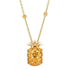 Stylish contemporary citrine Pineapple necklace crafted in 18 karat yellow gold (circa 2000s).    Fancy octagonal cut citrines measure approx. 6mm each. Citrines are embedded into the chain and measure 4mm. The citrines are in very good condition and free of cracks or chips.    The 'sweet' necklace highlights shimmering golden citrines set into a pineapple designed pendant. A truly unique necklace for the lover of whimsical jewels! The necklace is embedded with smaller 4mm round citrines in keeping with the design of the necklace. The necklace features an adjustable (and removable) length from 17 1/2 inches to 22 inches. The necklace is great worn alone as a statement piece or layered with your fine jewelry from any era.    The necklace is in very good condition and was lightly cleaned and Octagon Shaped Citrine Jewelry In Yellow Gold, Luxury Citrine Octagon Jewelry, Luxury Orange Jewelry With Yellow Sapphire, Luxury Octagon Citrine Jewelry, Luxury Orange Yellow Sapphire Jewelry, Luxury Citrine Gemstone Necklace, Fine Jewelry Citrine Necklace For Formal Occasions, Formal Citrine Necklace Fine Jewelry, Formal Fine Jewelry Citrine Necklace