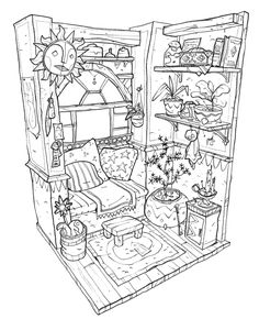 an outline drawing of a living room with furniture and shelves on the wall, in black and white